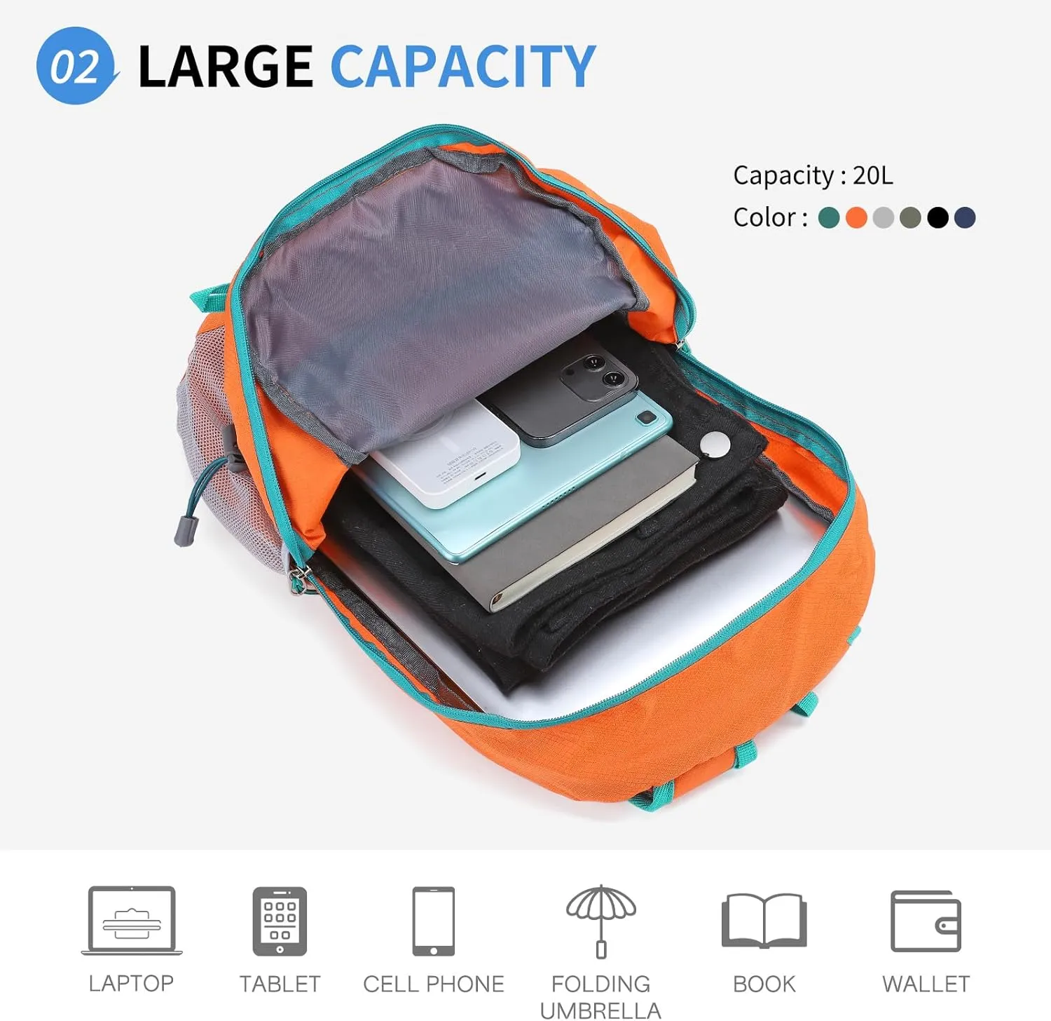 Hiking Daypack Packable, Camping Backpack Water Resistant Lightweight Polyester for Men Women Travel Outdoor