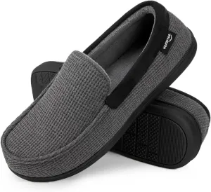 HomeTop Men's Comfort Memory Foam Moccasin Slippers, Breathable Cotton Knit Terry Cloth House Shoes for Indoor Outdoor