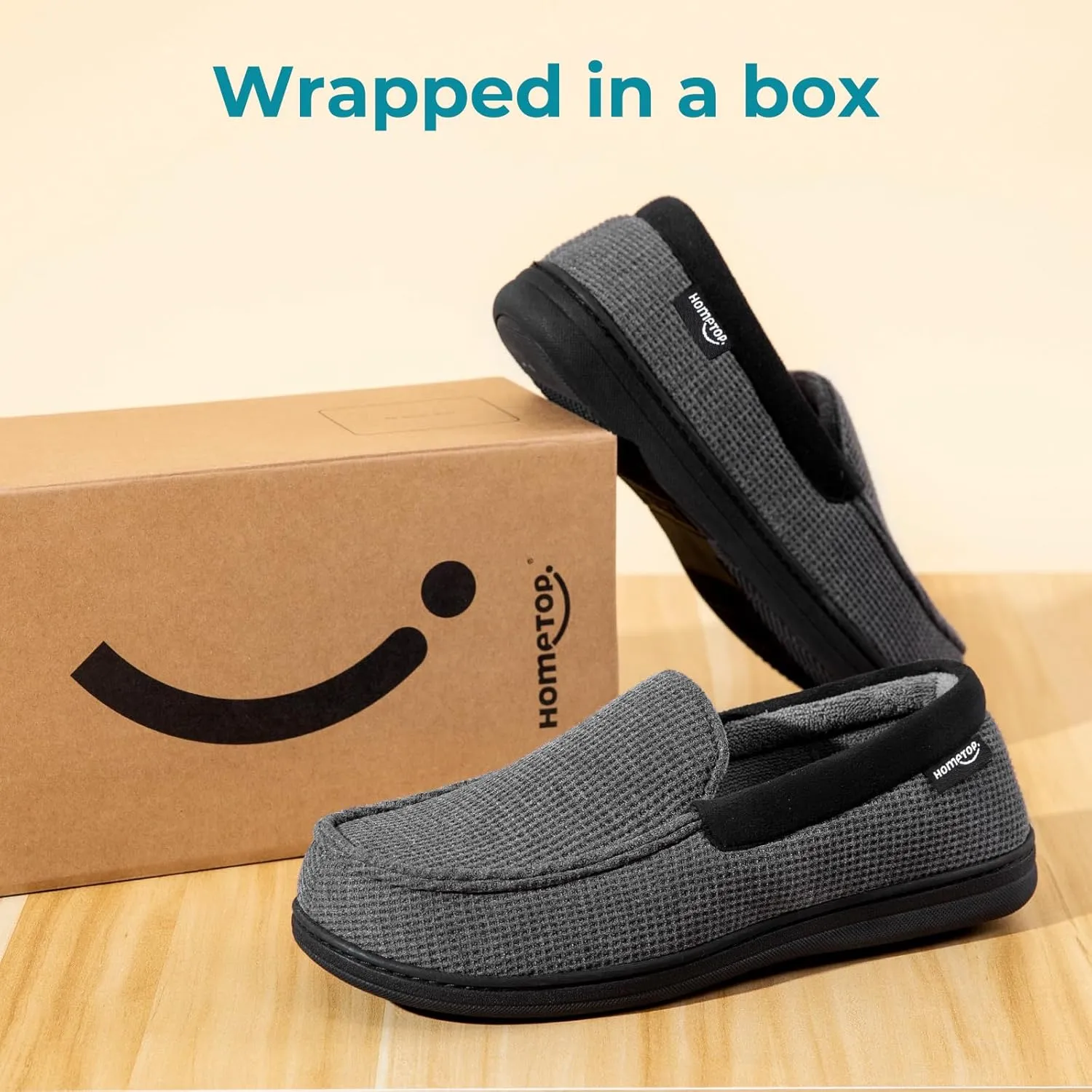 HomeTop Men's Comfort Memory Foam Moccasin Slippers, Breathable Cotton Knit Terry Cloth House Shoes for Indoor Outdoor