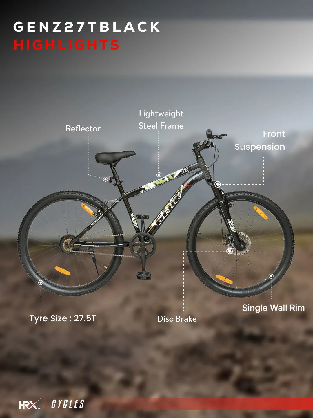 HRX Cycles by Hrithik Roshan GENZ27TBLACK Steel Single Speed 27.5 inch Mountain Cycle, Black, Free Trainer Sessions and Cycling Event