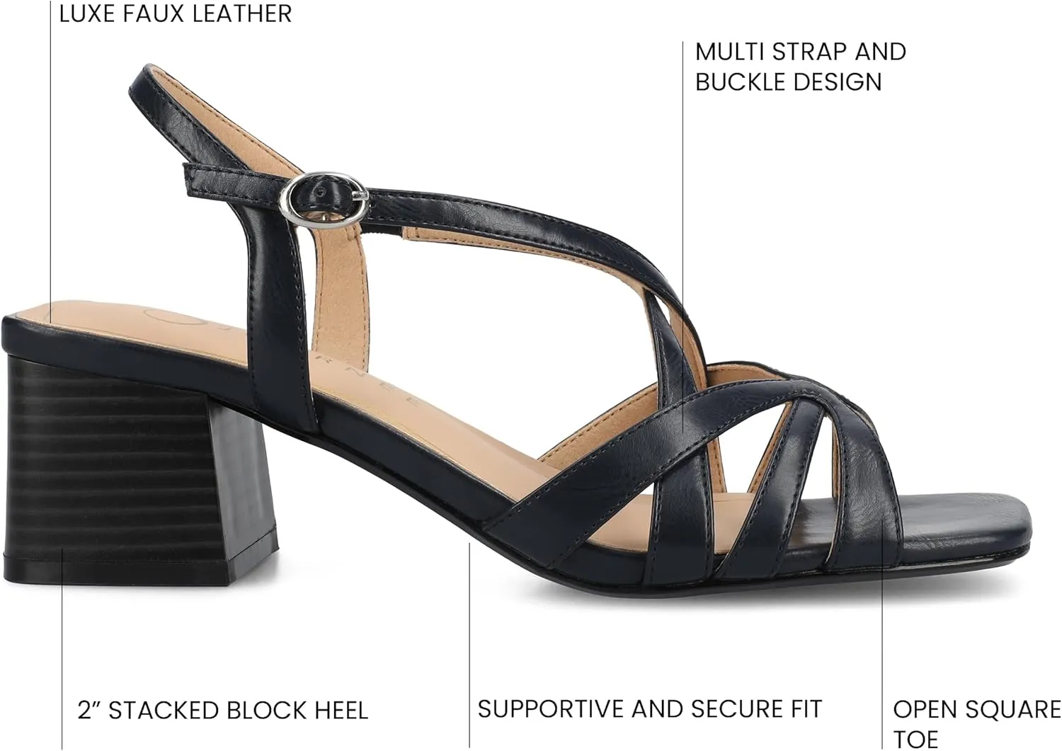 Journee Womens Block heel Cushioned Footbed Shyla Crisscross straps Faux Leather Multi Straps 2-3 inch heel Open Toe