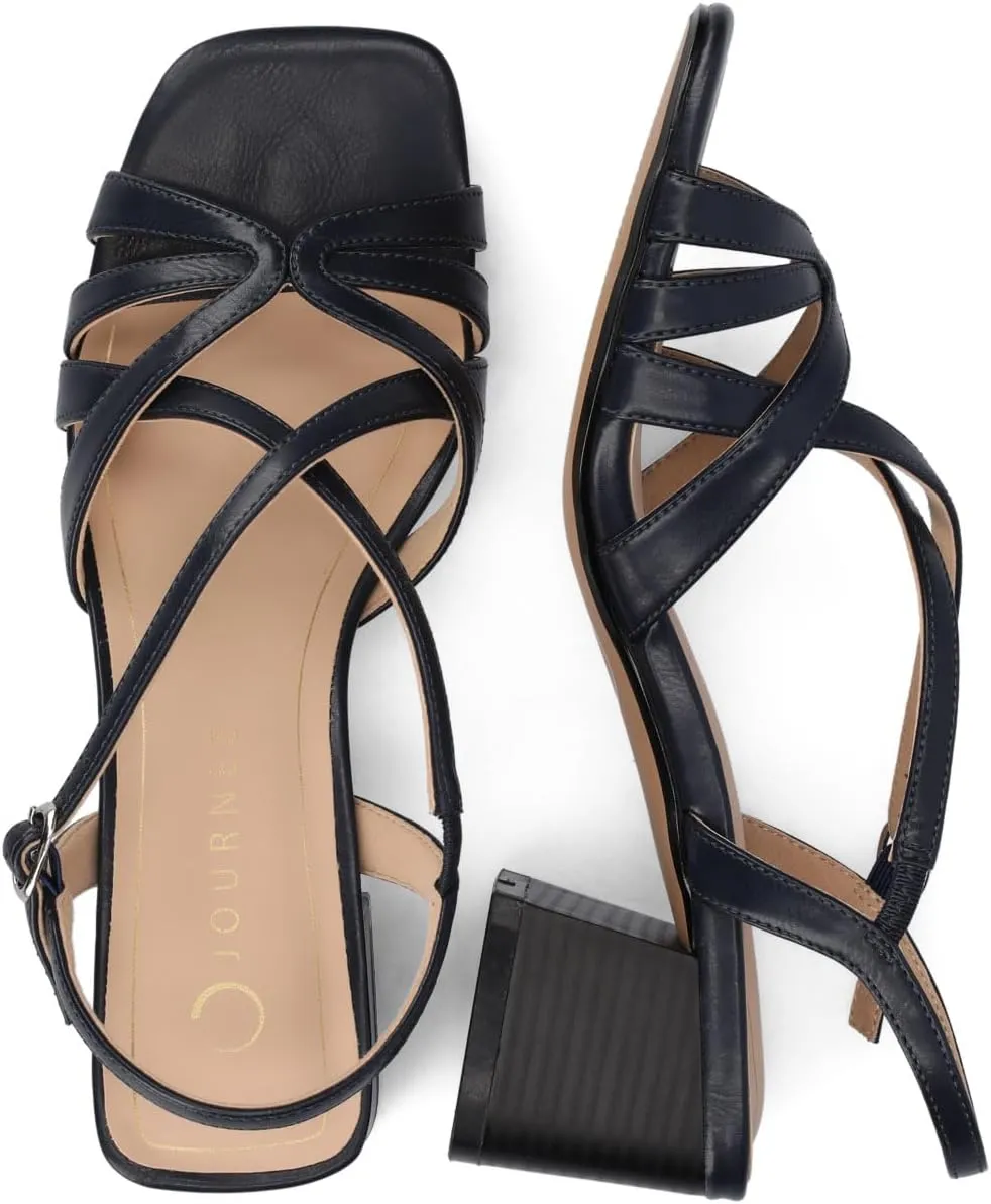 Journee Womens Block heel Cushioned Footbed Shyla Crisscross straps Faux Leather Multi Straps 2-3 inch heel Open Toe