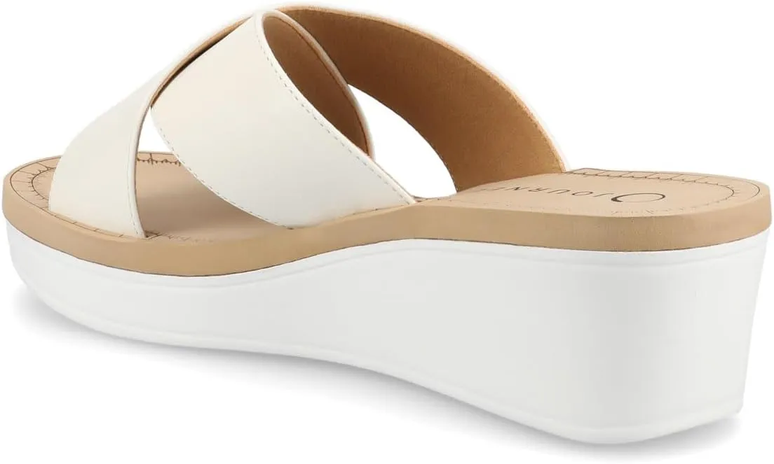 Journee Womens cushioned footbed Faux Leather Sandals Wedge Sandals Biara Crossover Straps Open Toe