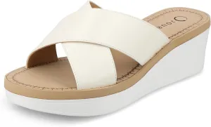Journee Womens cushioned footbed Faux Leather Sandals Wedge Sandals Biara Crossover Straps Open Toe