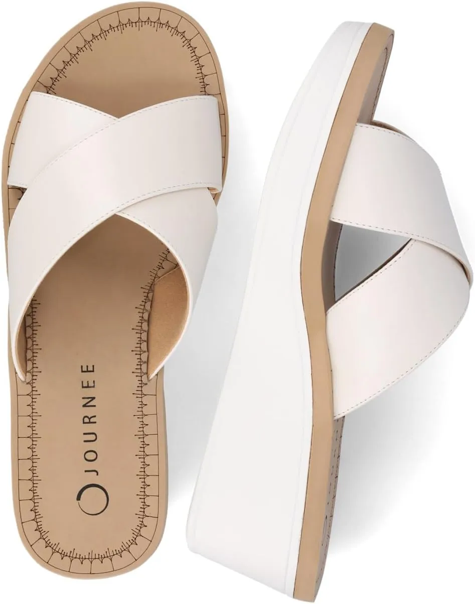 Journee Womens cushioned footbed Faux Leather Sandals Wedge Sandals Biara Crossover Straps Open Toe