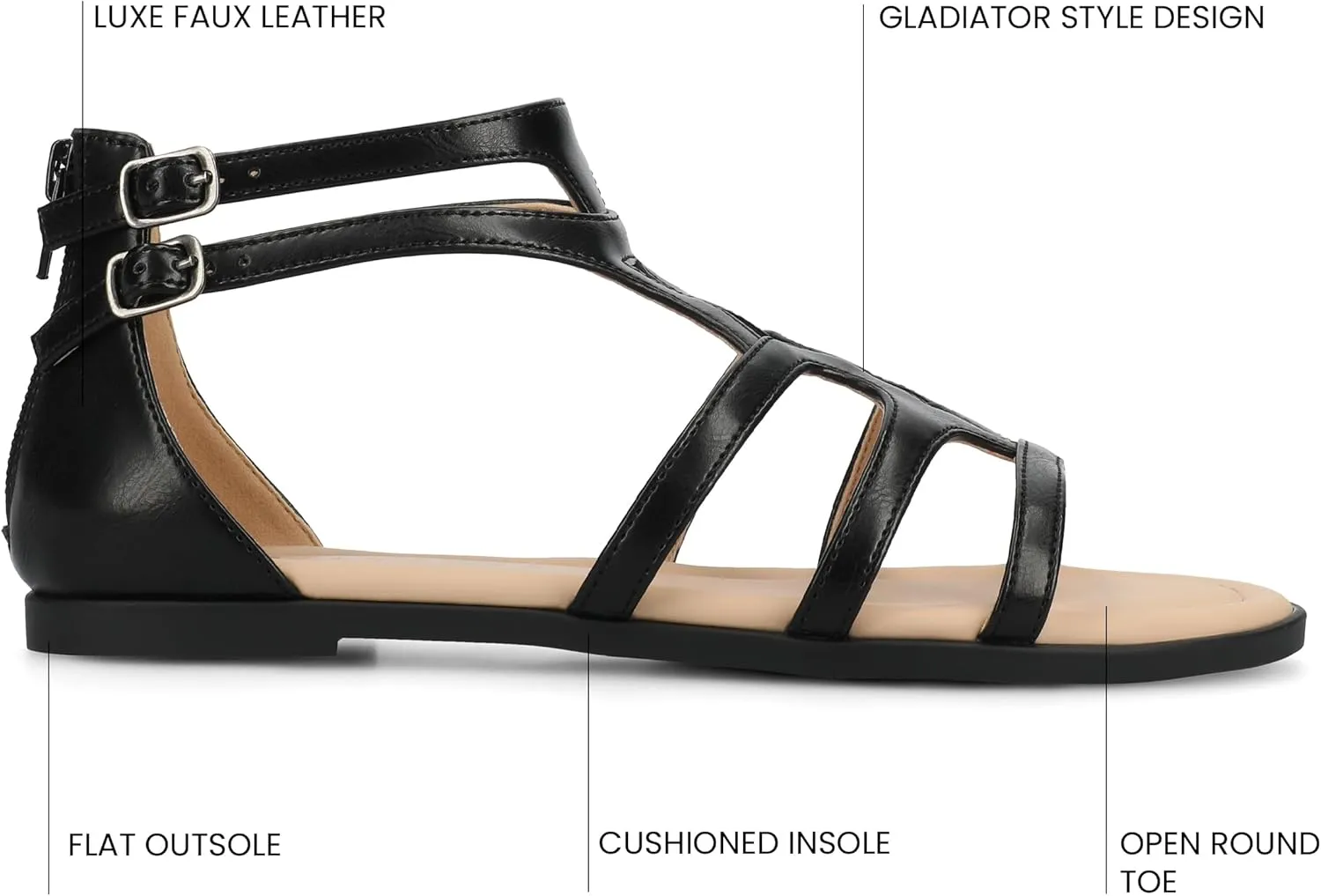 Journee Womens cushioned footbeds Genneva Gladiator Sandal flat sole ankle bucke multi strap open toe