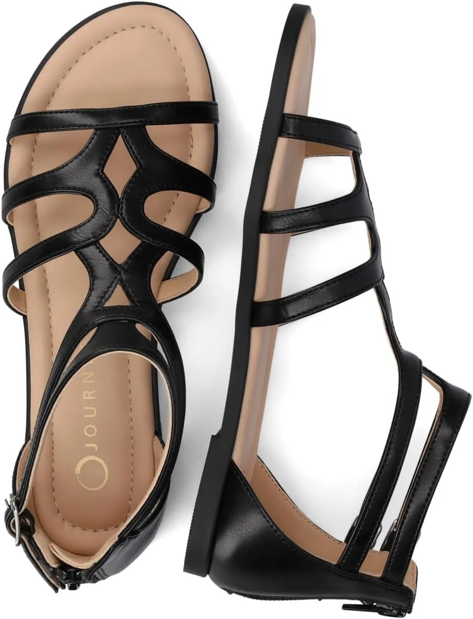 Journee Womens cushioned footbeds Genneva Gladiator Sandal flat sole ankle bucke multi strap open toe