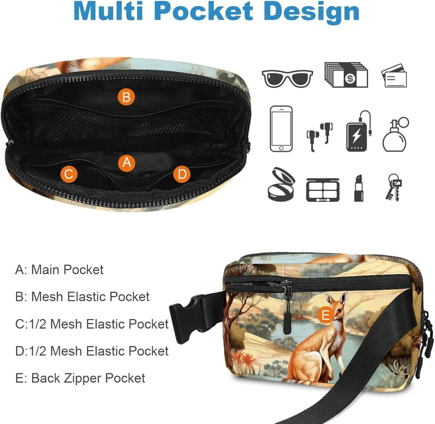 Jungle Kangaroo-1542 Unisex Style Fanny Pack: Fashion Waist Packs, Crossbody Bags Sport Slim Fashionable for Jogging Hiking Hiker Woman Man