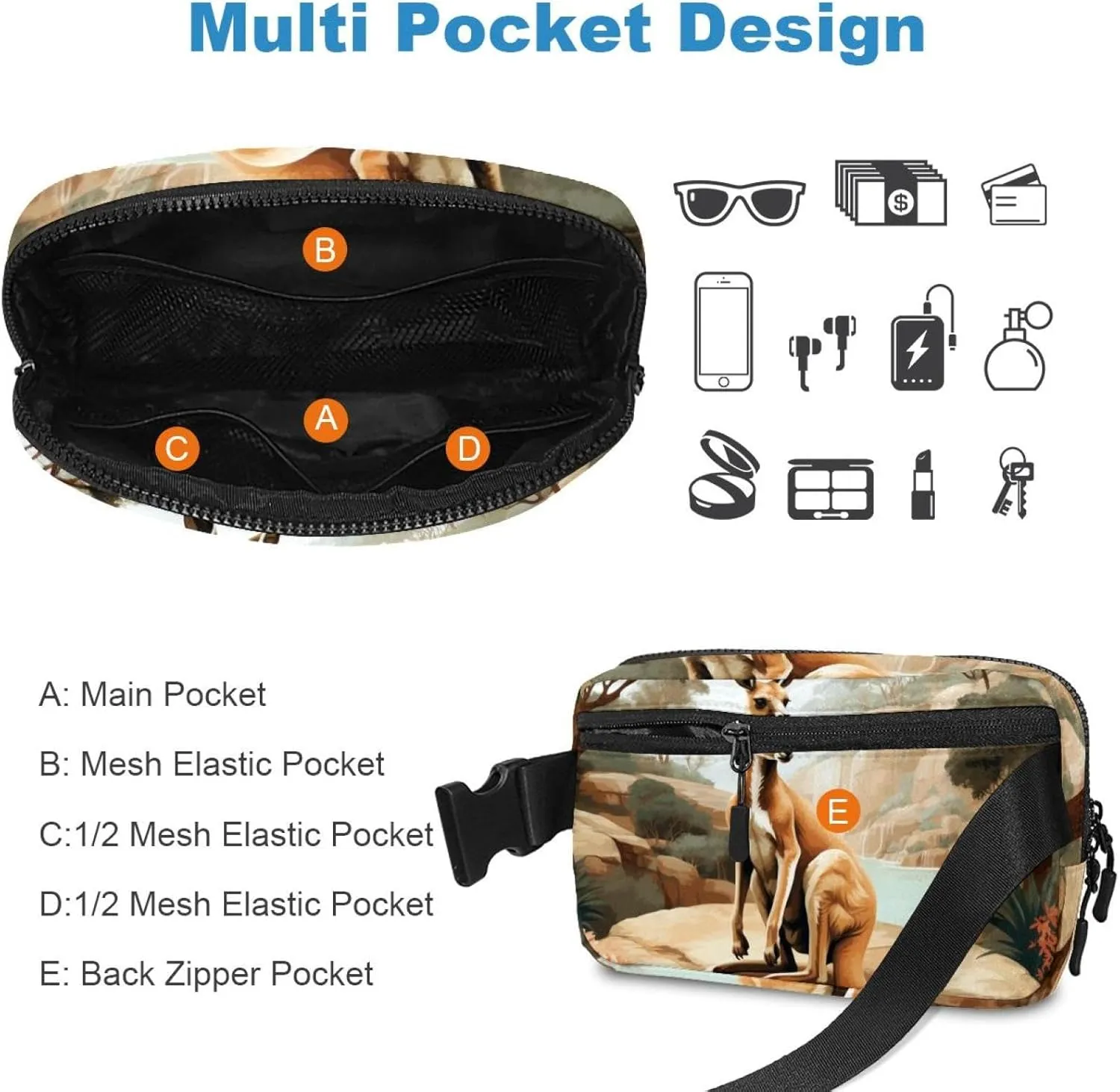 Jungle Kangaroo-1545 Unisex Style Fanny Pack: Fashion Waist Packs, Crossbody Bags Sport Slim Fashionable for Jogging Hiking Hiker Woman Man