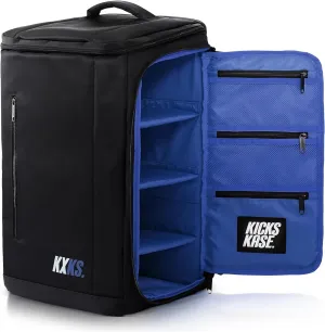 (Kicks Kase Premium Sneaker & Travel Backpack - Travel Sneaker Bag for Shoes, Perfect Gym Sports Bag, Luggage (Black/Blue)