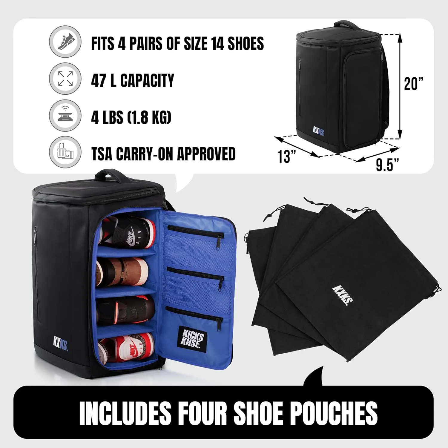 (Kicks Kase Premium Sneaker & Travel Backpack - Travel Sneaker Bag for Shoes, Perfect Gym Sports Bag, Luggage (Black/Blue)