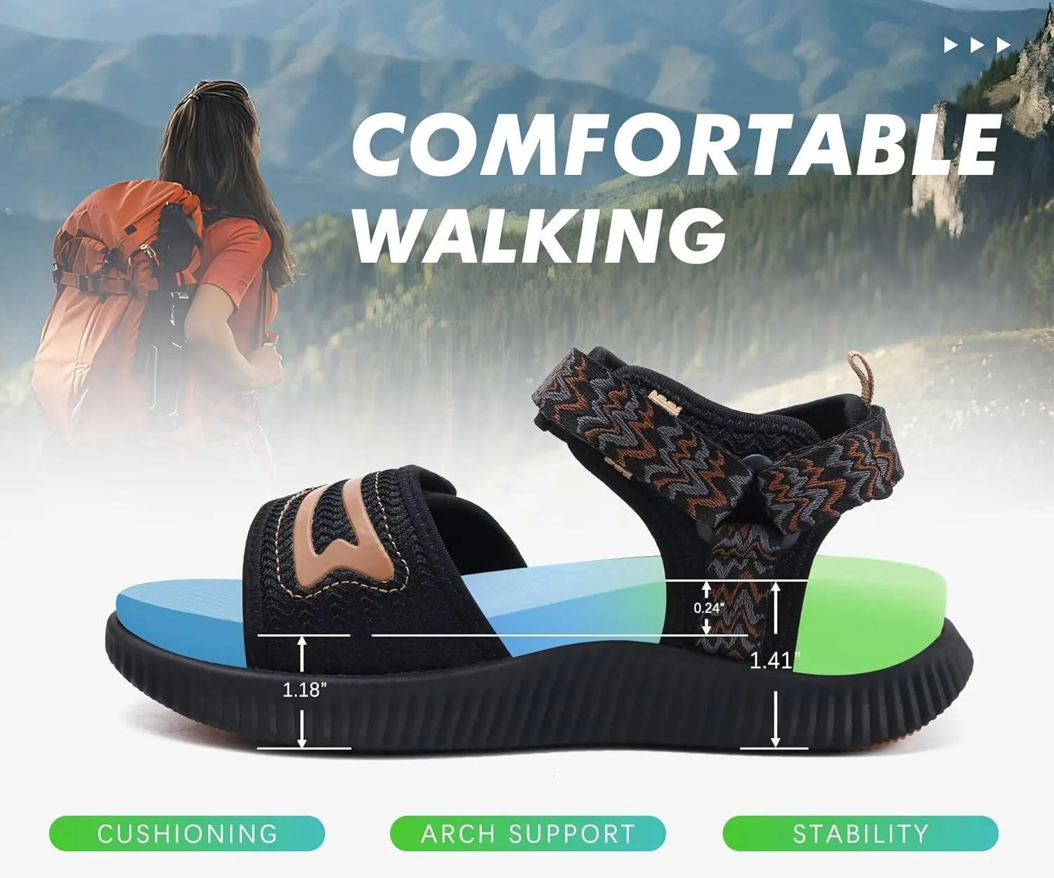 KuaiLu Womens Orthopedic Walking Sandals Ladies Recovery Sport Thick Athletic Cushion Outdoor Hiking Water Sandles Adjustable Strap Sandals with Comfortable Plantar Fasciitis Arch Support