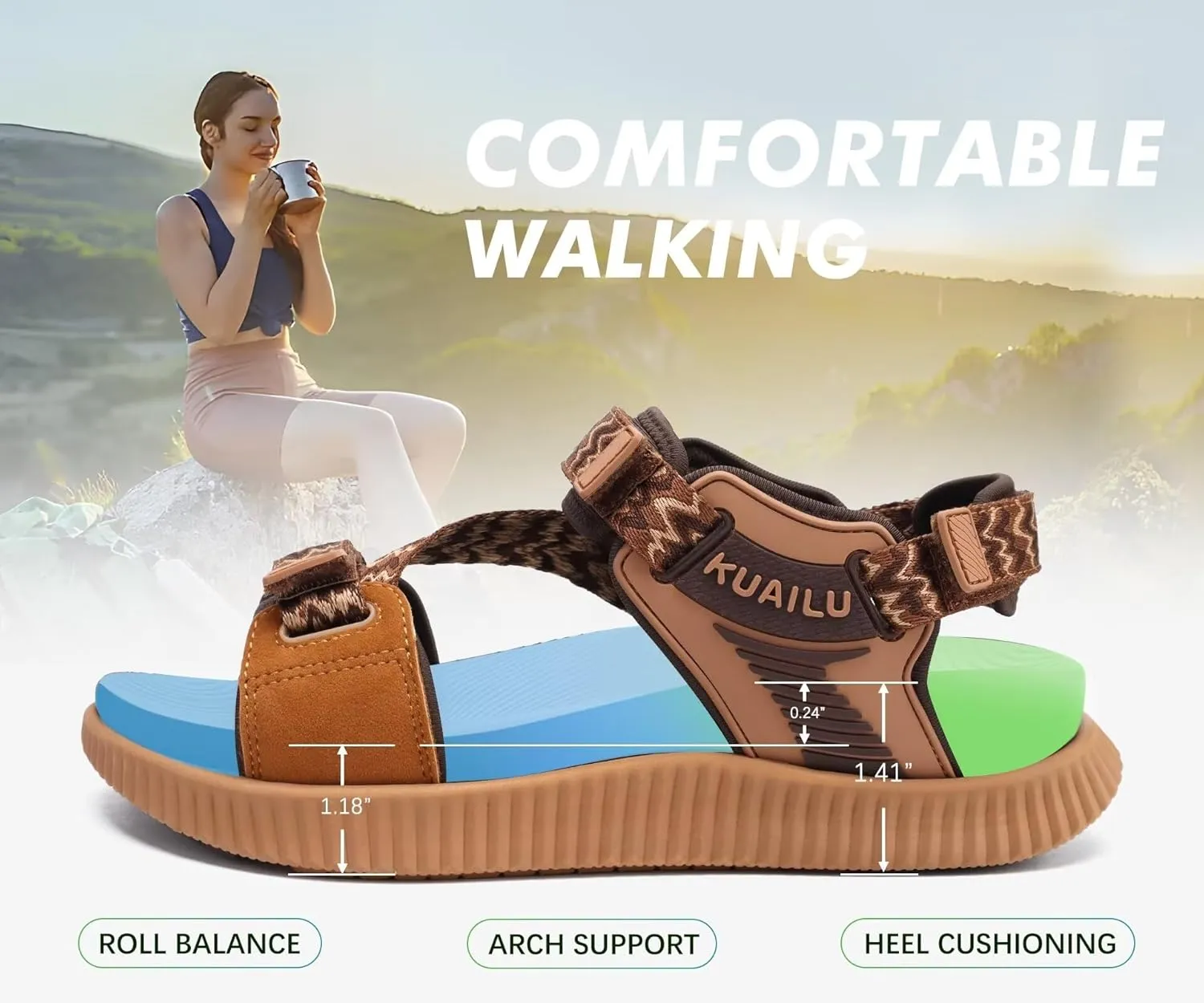 KuaiLu Womens Orthopedic Walking Sandals Recovery Sport Outdoor Hiking Water Sandles Thick Athletic Cushion Adjustable Leather Strap Sandals with Comfortable Plantar Fasciitis Arch Support