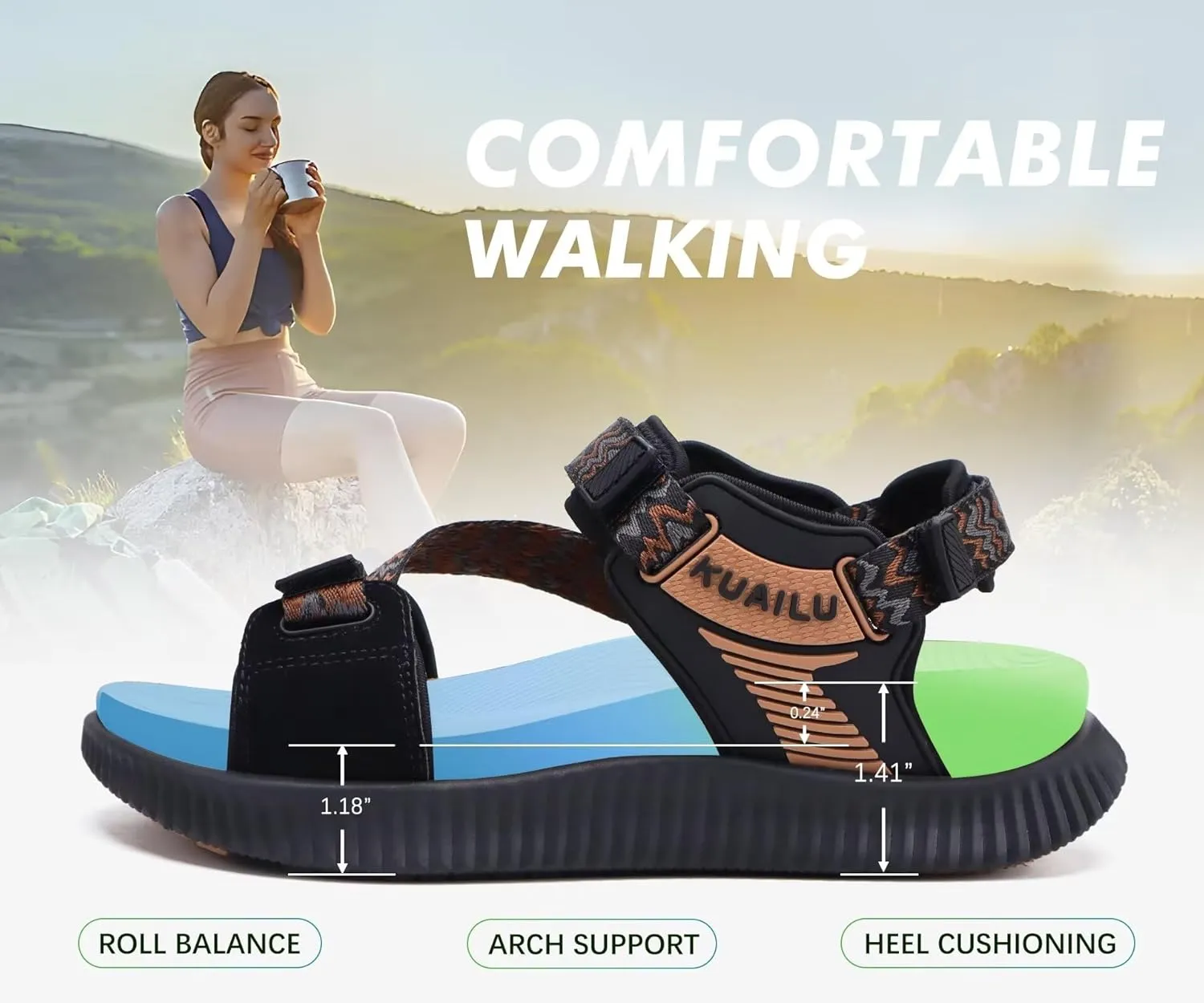 KuaiLu Womens Orthopedic Walking Sandals Recovery Sport Outdoor Hiking Water Sandles Thick Athletic Cushion Adjustable Leather Strap Sandals with Comfortable Plantar Fasciitis Arch Support
