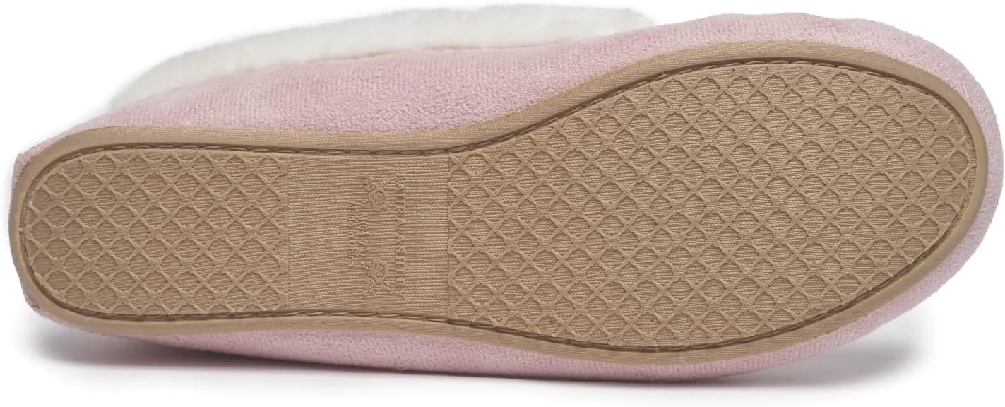 Laura Ashley Womens Micro Suede Memory Foam Moccasin Slippers, Warm Fuzzy Rubber Bottom Indoor Outdoor Faux Fur House Shoes