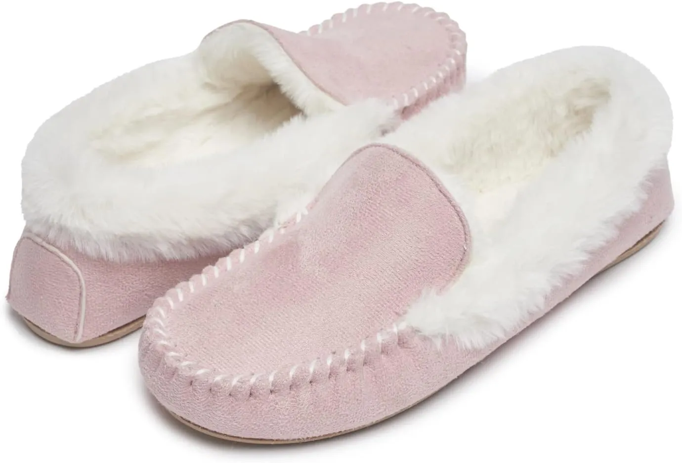 Laura Ashley Womens Micro Suede Memory Foam Moccasin Slippers, Warm Fuzzy Rubber Bottom Indoor Outdoor Faux Fur House Shoes