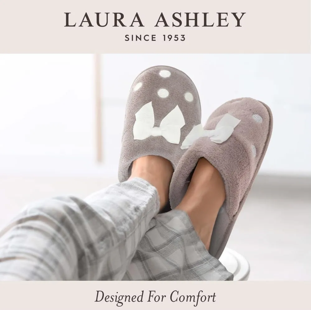 Laura Ashley Womens Micro Suede Memory Foam Moccasin Slippers, Warm Fuzzy Rubber Bottom Indoor Outdoor Faux Fur House Shoes