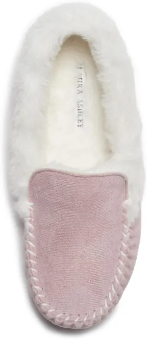 Laura Ashley Womens Micro Suede Memory Foam Moccasin Slippers, Warm Fuzzy Rubber Bottom Indoor Outdoor Faux Fur House Shoes
