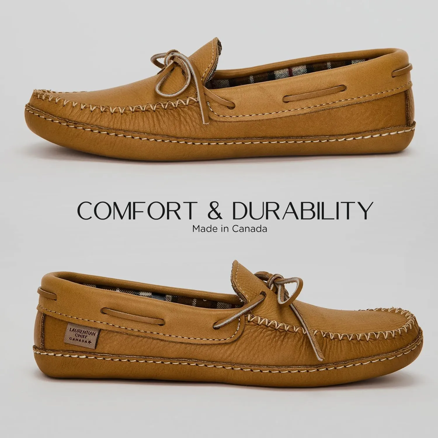 Laurentian Chief Leather Moccasins for Men – Stylish Mens Moccasin Slippers with Plaid Insole Lining, Comfortable Indoor Shoes, Single Lacing, Durable Leather Sole, Made in Canada