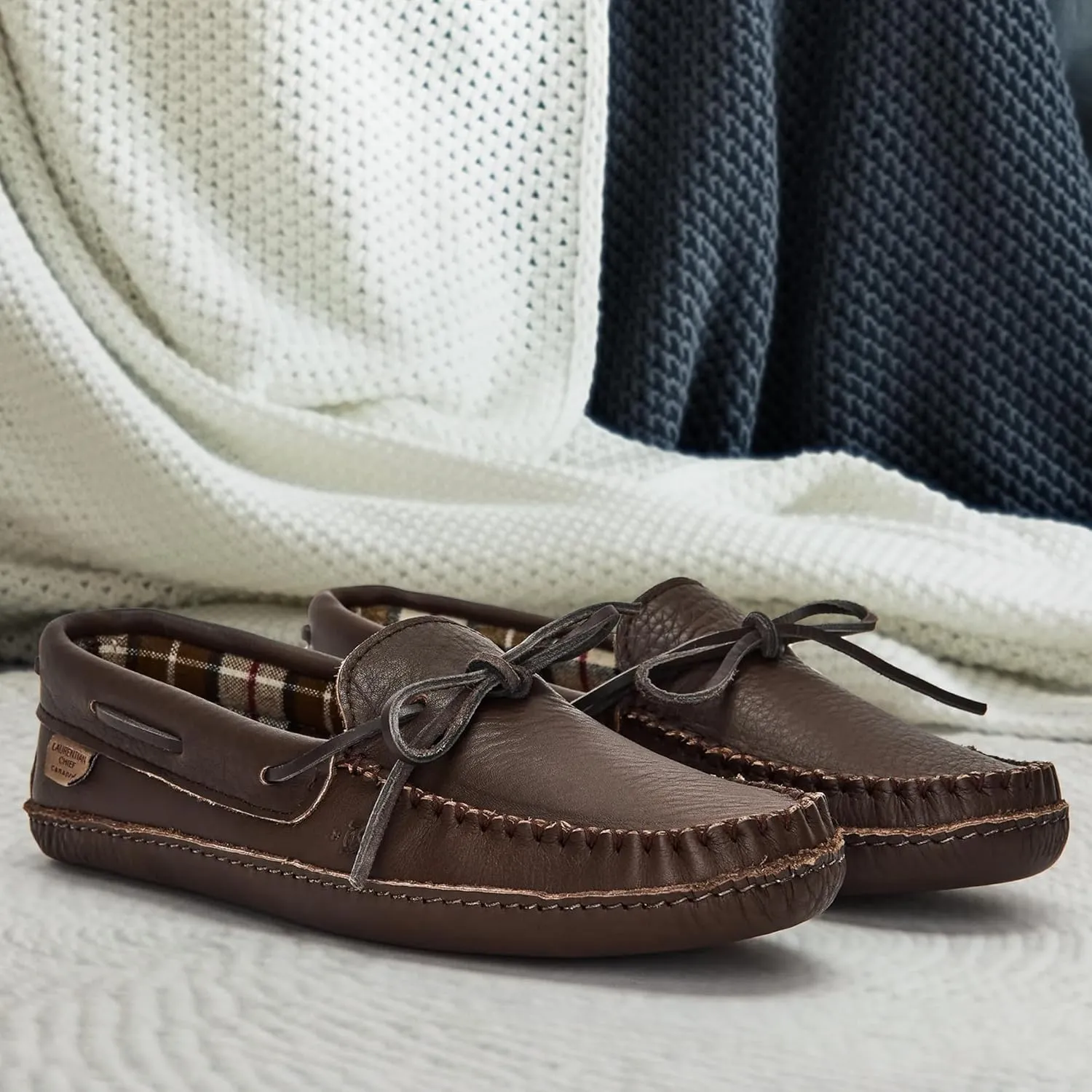 Laurentian Chief Leather Moccasins for Men – Stylish Mens Moccasin Slippers with Plaid Insole Lining, Comfortable Indoor Shoes, Single Lacing, Durable Leather Sole, Made in Canada
