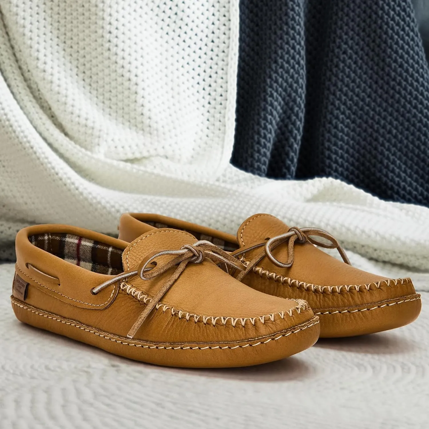 Laurentian Chief Leather Moccasins for Men – Stylish Mens Moccasin Slippers with Plaid Insole Lining, Comfortable Indoor Shoes, Single Lacing, Durable Leather Sole, Made in Canada