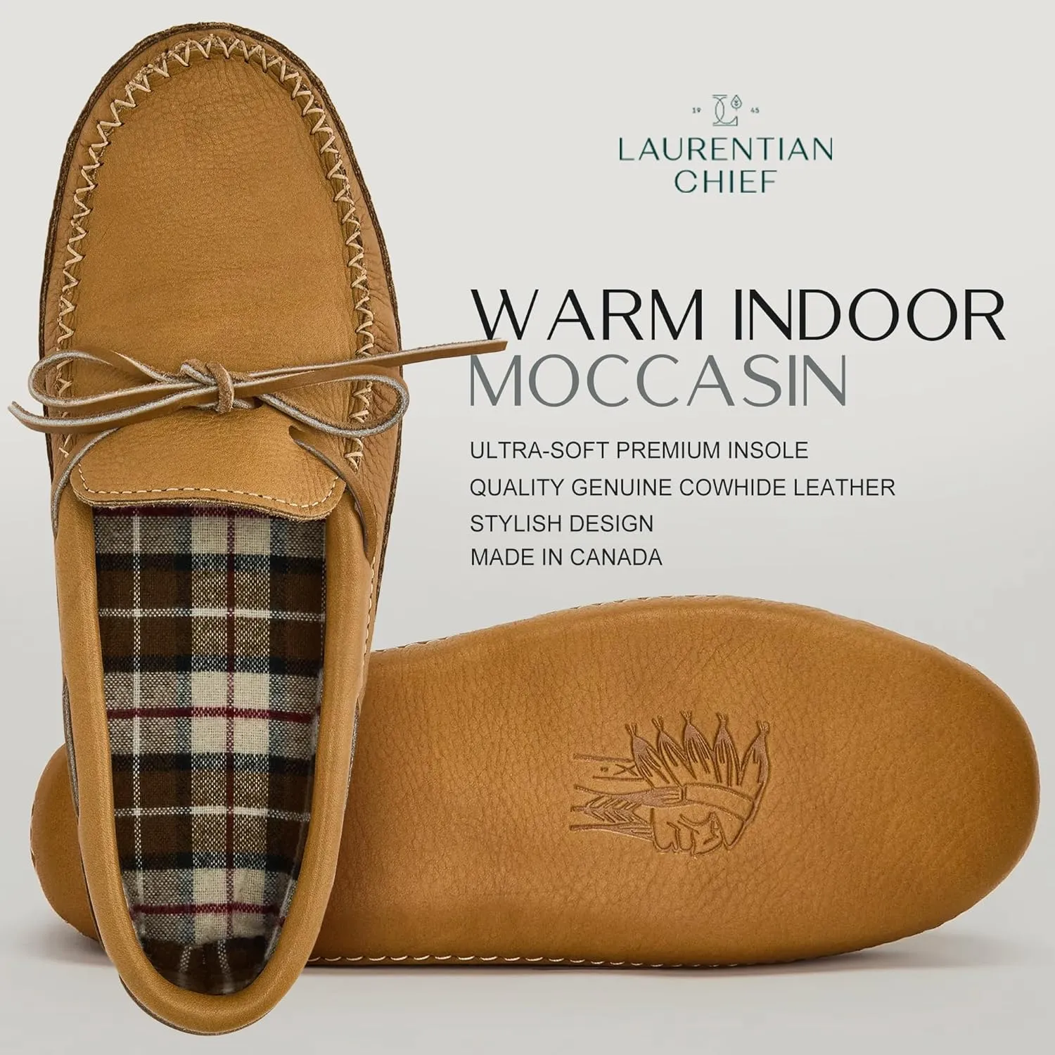 Laurentian Chief Leather Moccasins for Men – Stylish Mens Moccasin Slippers with Plaid Insole Lining, Comfortable Indoor Shoes, Single Lacing, Durable Leather Sole, Made in Canada