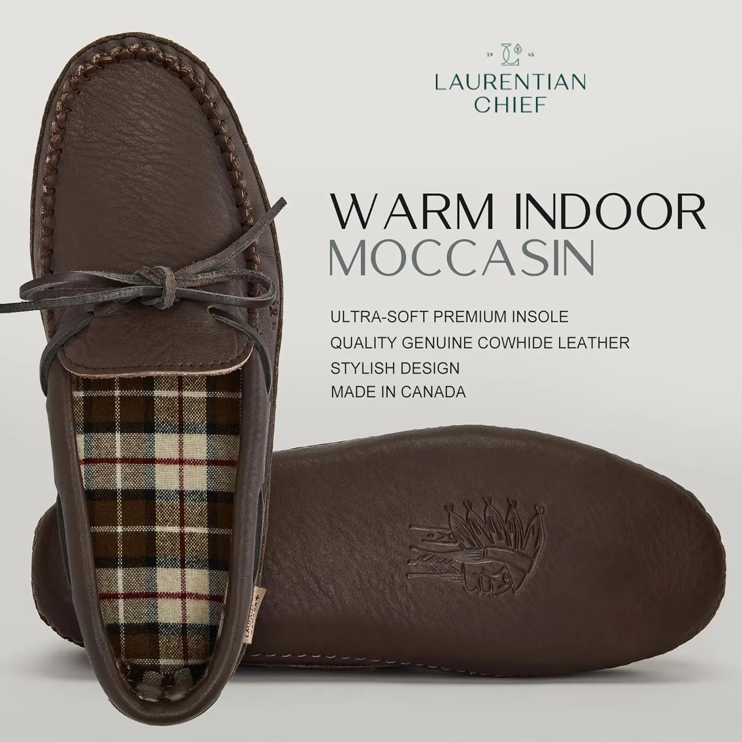 Laurentian Chief Leather Moccasins for Men – Stylish Mens Moccasin Slippers with Plaid Insole Lining, Comfortable Indoor Shoes, Single Lacing, Durable Leather Sole, Made in Canada