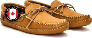Laurentian Chief Leather Moccasins for Men – Stylish Mens Moccasin Slippers with Plaid Insole Lining, Comfortable Indoor Shoes, Single Lacing, Durable Leather Sole, Made in Canada