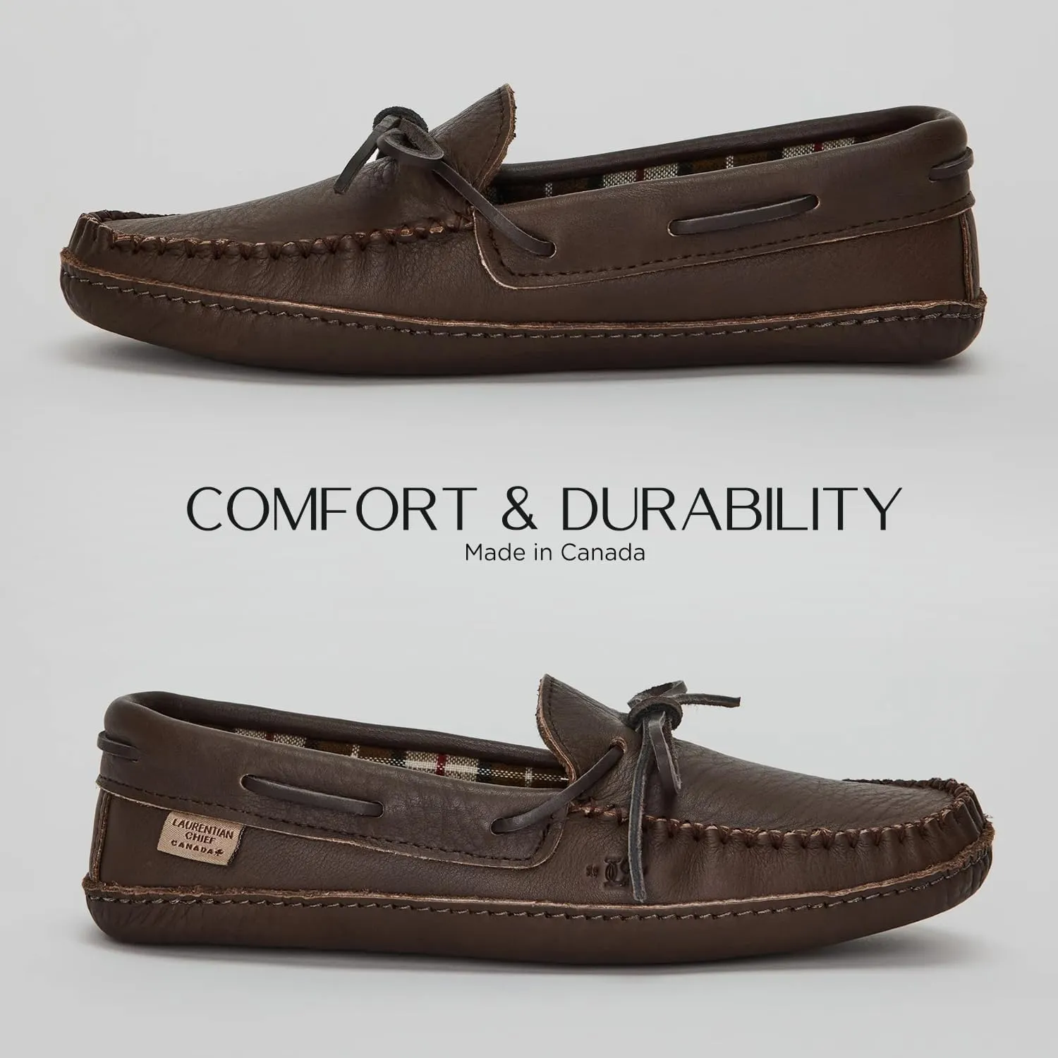 Laurentian Chief Leather Moccasins for Men – Stylish Mens Moccasin Slippers with Plaid Insole Lining, Comfortable Indoor Shoes, Single Lacing, Durable Leather Sole, Made in Canada