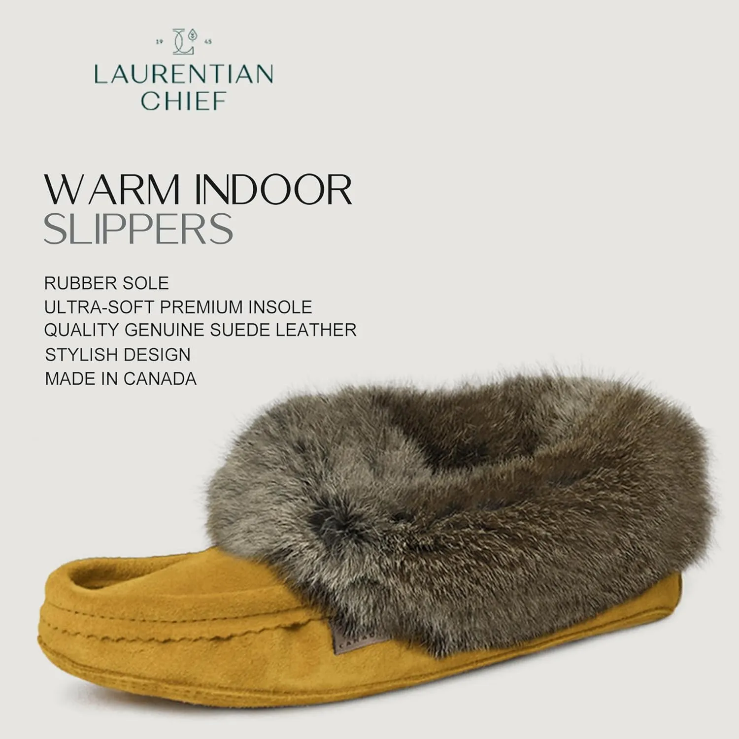 Laurentian Chief Men's Suede with Rabbit Fur Collar Soft Sole Moccasin Slippers for Indoor