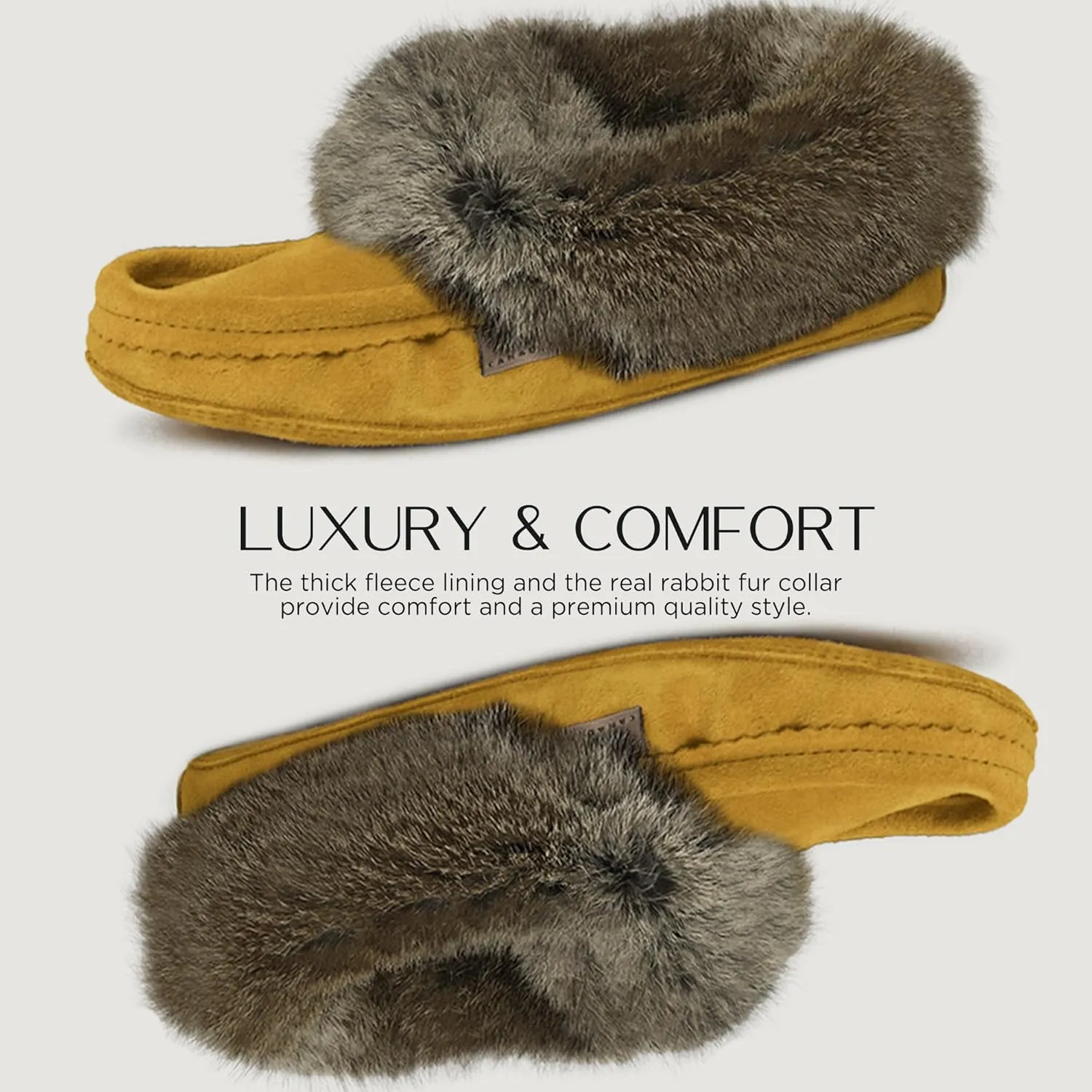 Laurentian Chief Men's Suede with Rabbit Fur Collar Soft Sole Moccasin Slippers for Indoor