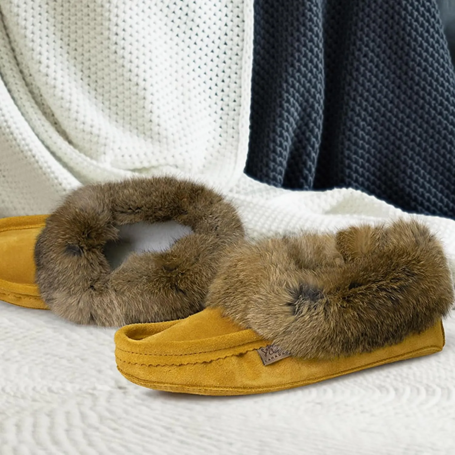 Laurentian Chief Men's Suede with Rabbit Fur Collar Soft Sole Moccasin Slippers for Indoor