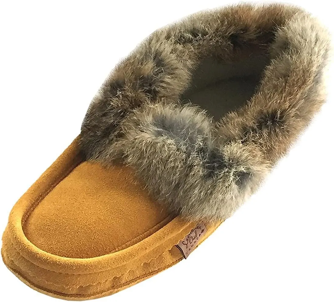 Laurentian Chief Men's Suede with Rabbit Fur Collar Soft Sole Moccasin Slippers for Indoor