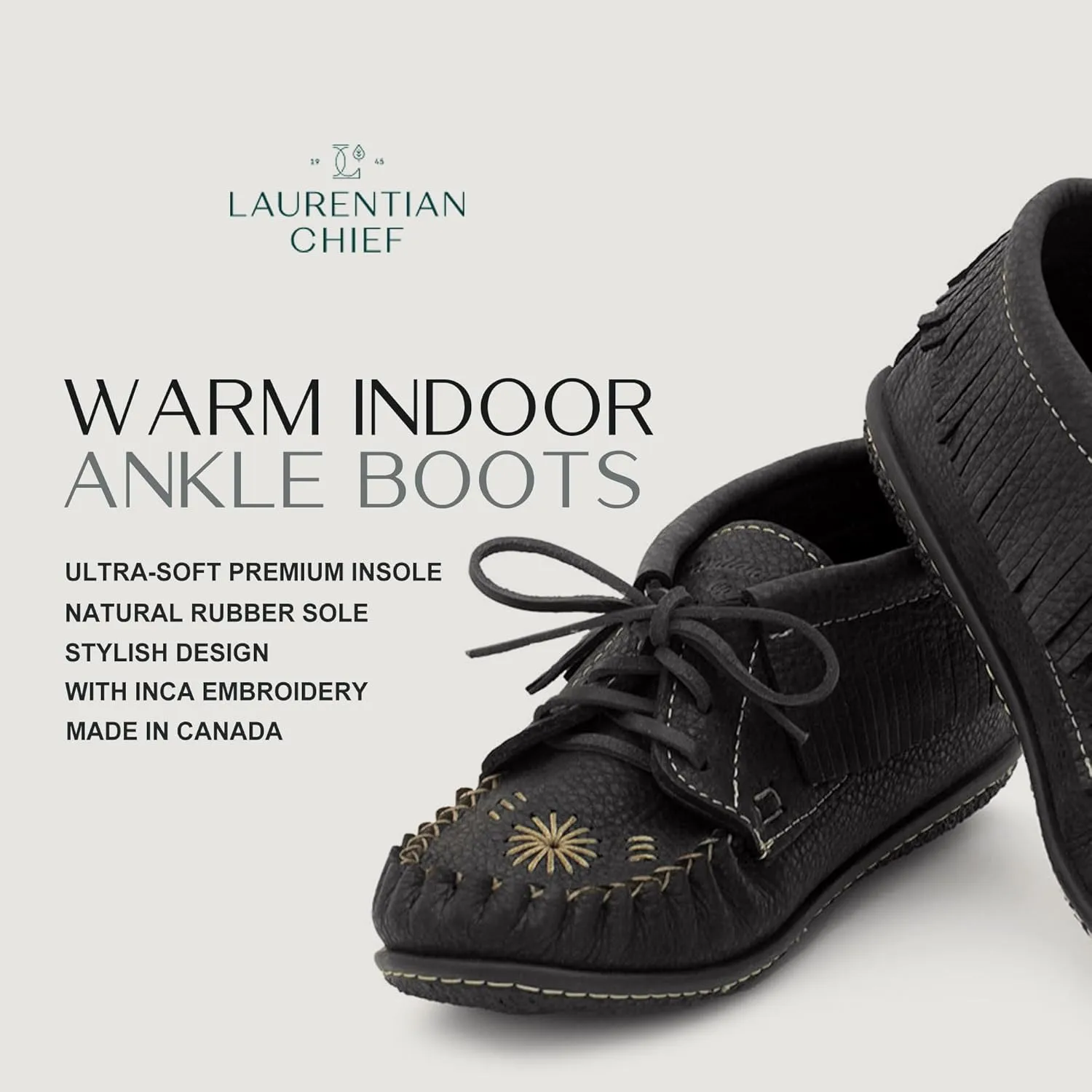 Laurentian Chief Moccasins Women Ankle Boot – Stylish Ankle Boots with Inca Embroidery, Comfortable Insole, Durable Rubber Sole, Made in Canada