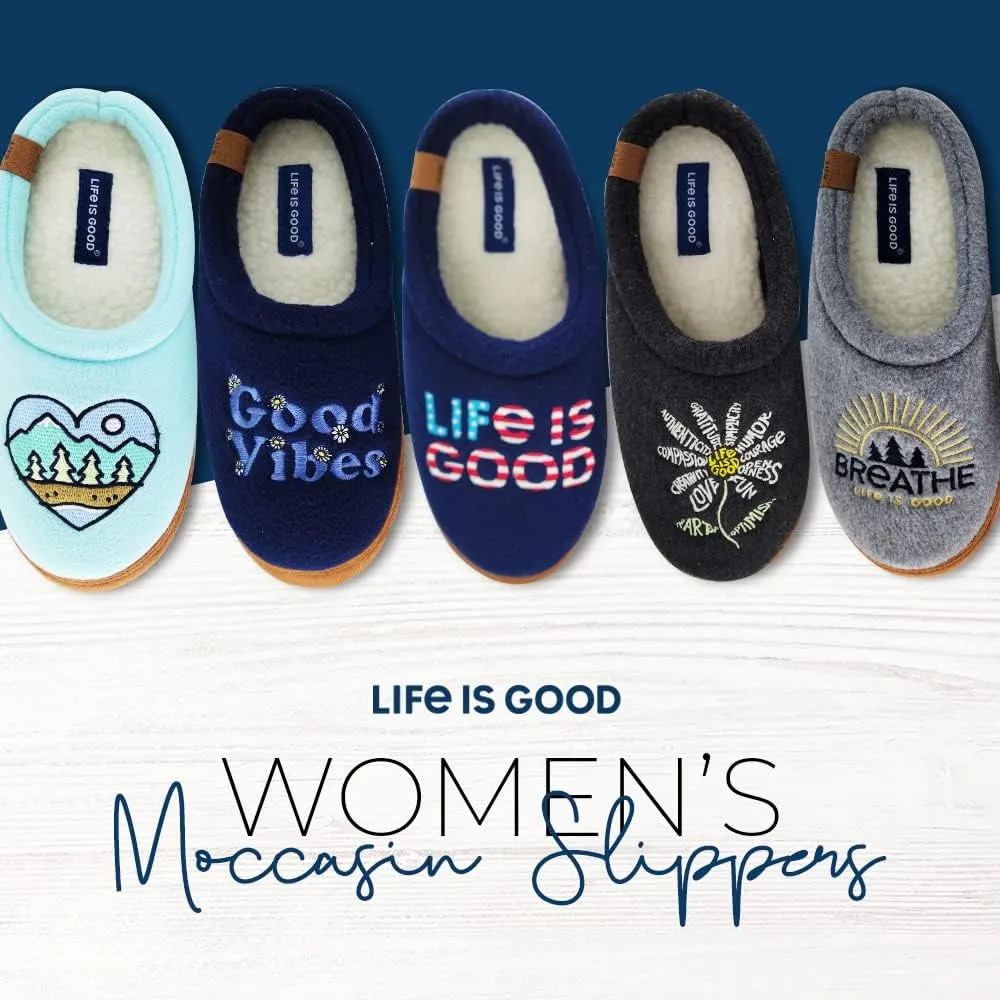 Life is Good Women's Moccasin Slippers, 303593W - Suede & Fleece Open Back Indoor/Outdoor Slip-Ons - Plush & Cozy Slides with Soft Foam & Rubber Soles Stylish & Comfy Available in Different Designs