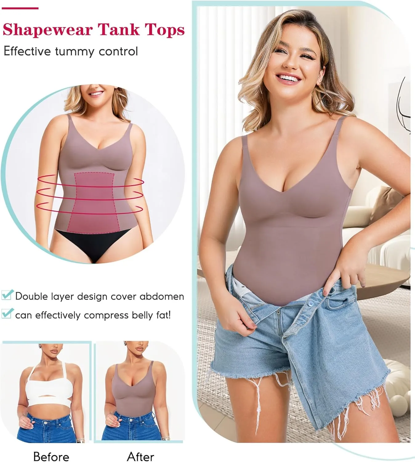 LODAY Compression Tank Tops for Women Tummy Control Shapewear Seamless Body Shaper Workout V-Neck Camisole Cami Tops