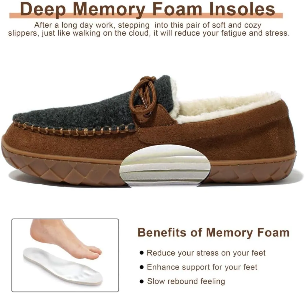 MAINCH Mens Moccasin Slippers with Memory Foam Insoles Warm Furry Lining Indoor Outdoor Size 7-16
