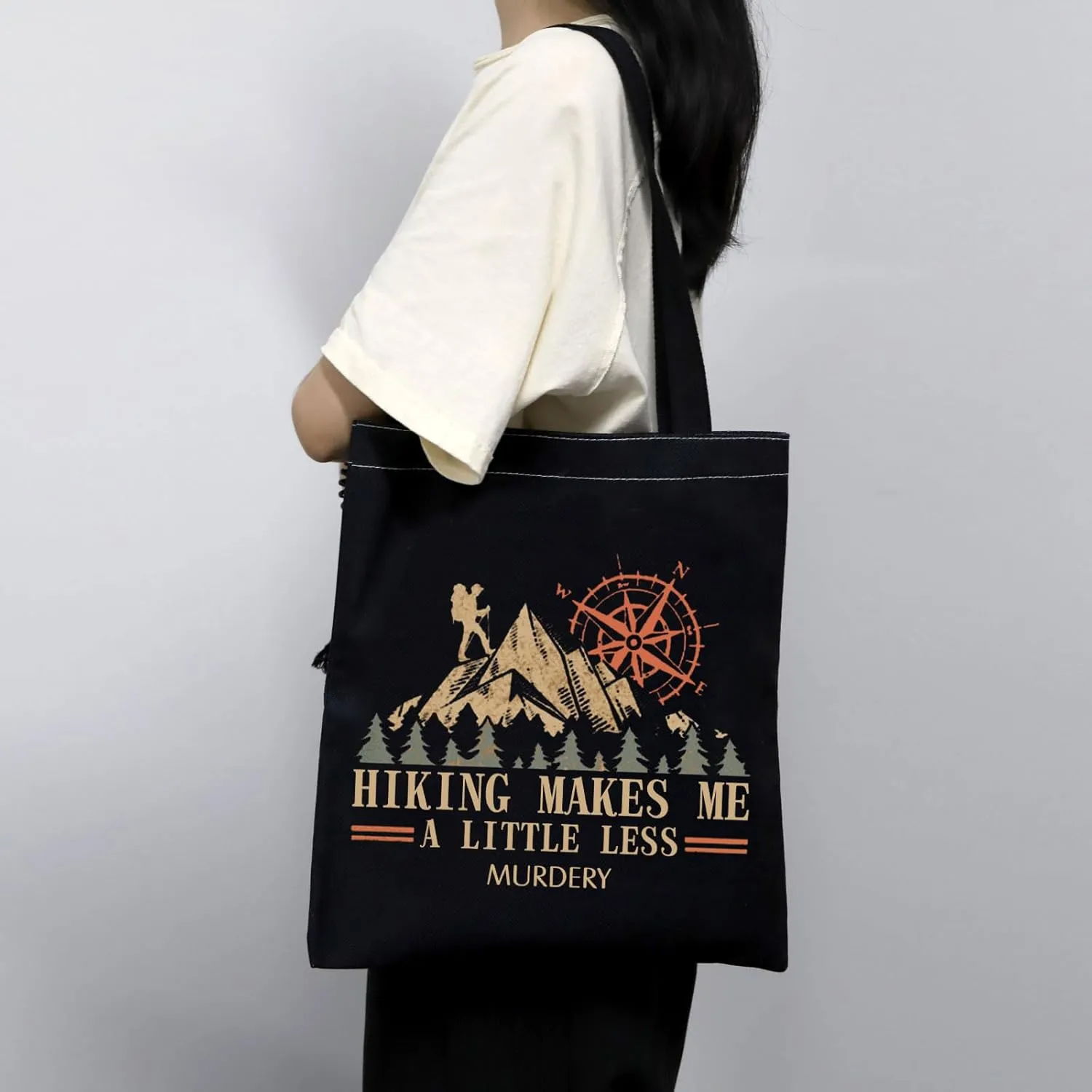 MBMSO Hiking Tote Bag Funny Hiker Gift for Hiking Lovers Shopping Bag Hiking Makes Me a Little Less Murder Bag Outdoorsy Gift