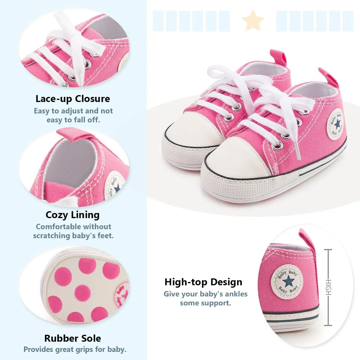 Meckior Baby Girls Boys Canvas Sneakers Soft Sole High-Top Ankle Infant First Walkers Crib Shoes