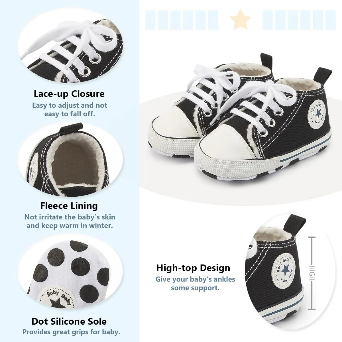 Meckior Baby Girls Boys Canvas Sneakers Soft Sole High-Top Ankle Infant First Walkers Crib Shoes