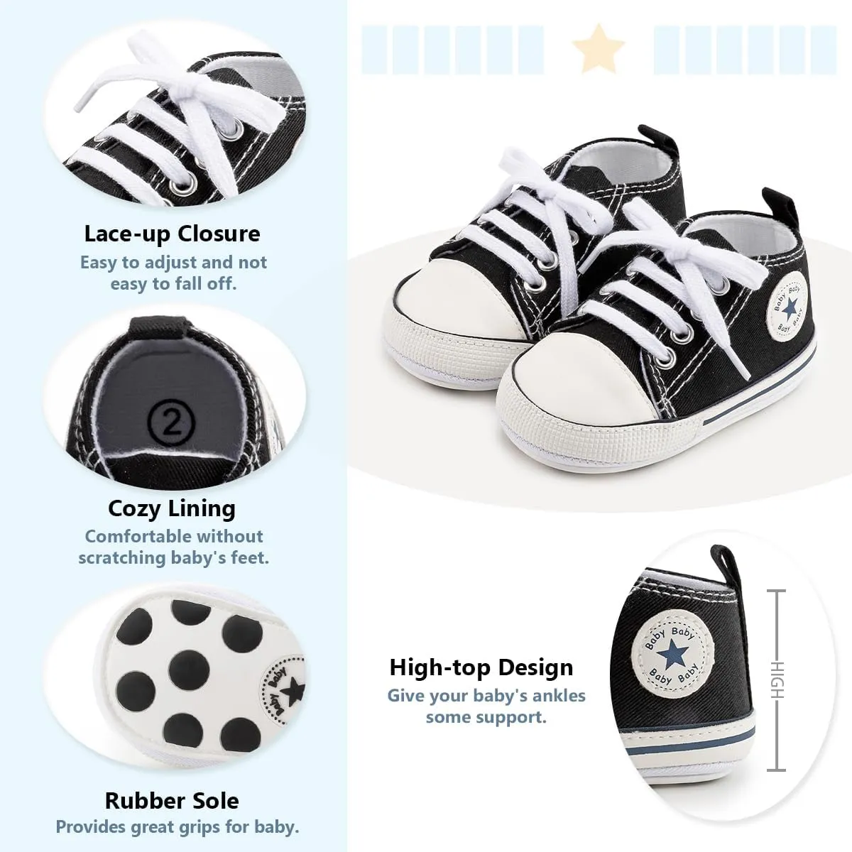 Meckior Baby Girls Boys Canvas Sneakers Soft Sole High-Top Ankle Infant First Walkers Crib Shoes