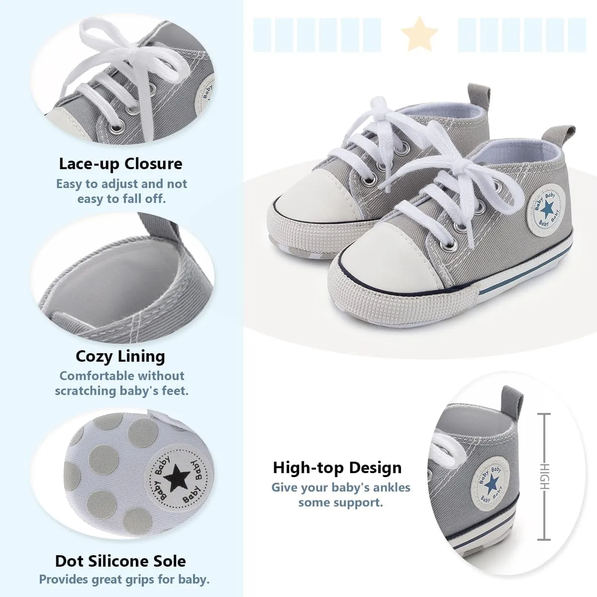 Meckior Baby Girls Boys Canvas Sneakers Soft Sole High-Top Ankle Infant First Walkers Crib Shoes