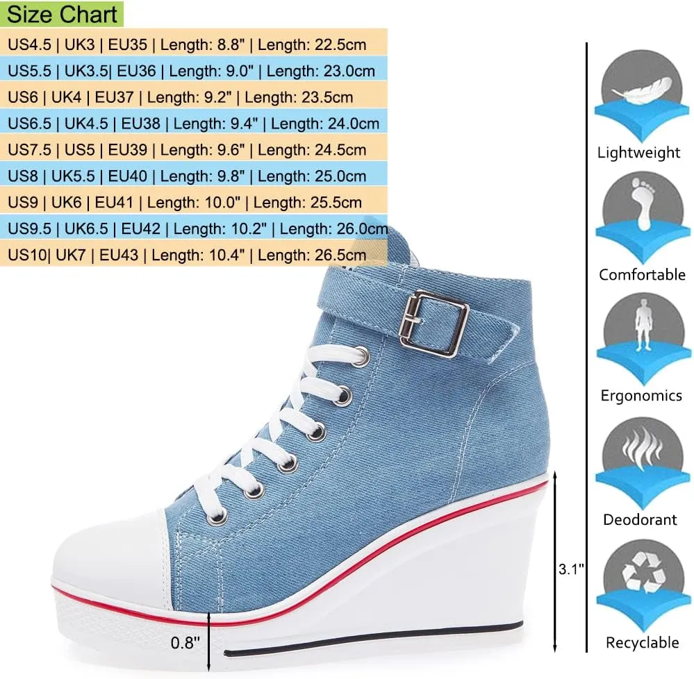 Mei MACLEOD Wedge Heel Sneaker for Women High Heel Sneaker Side Zipper/Lace Up Canvas Shoes for Ladies College Students