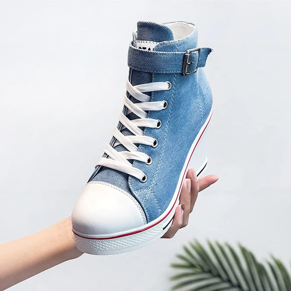 Mei MACLEOD Wedge Heel Sneaker for Women High Heel Sneaker Side Zipper/Lace Up Canvas Shoes for Ladies College Students
