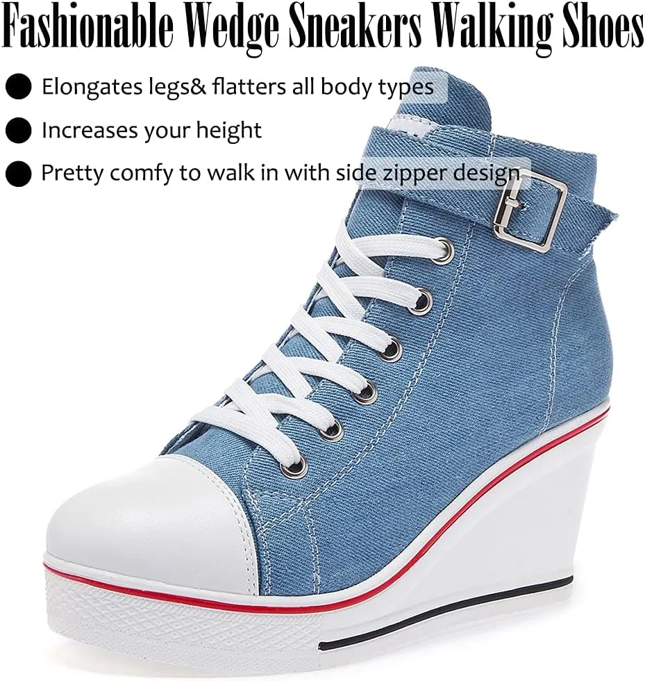 Mei MACLEOD Wedge Heel Sneaker for Women High Heel Sneaker Side Zipper/Lace Up Canvas Shoes for Ladies College Students