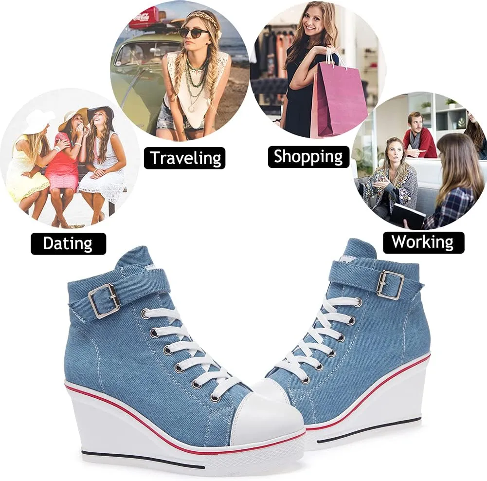 Mei MACLEOD Wedge Heel Sneaker for Women High Heel Sneaker Side Zipper/Lace Up Canvas Shoes for Ladies College Students