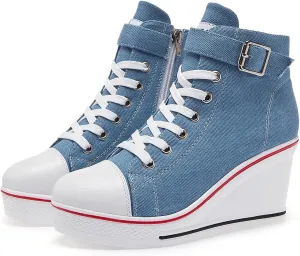Mei MACLEOD Wedge Heel Sneaker for Women High Heel Sneaker Side Zipper/Lace Up Canvas Shoes for Ladies College Students