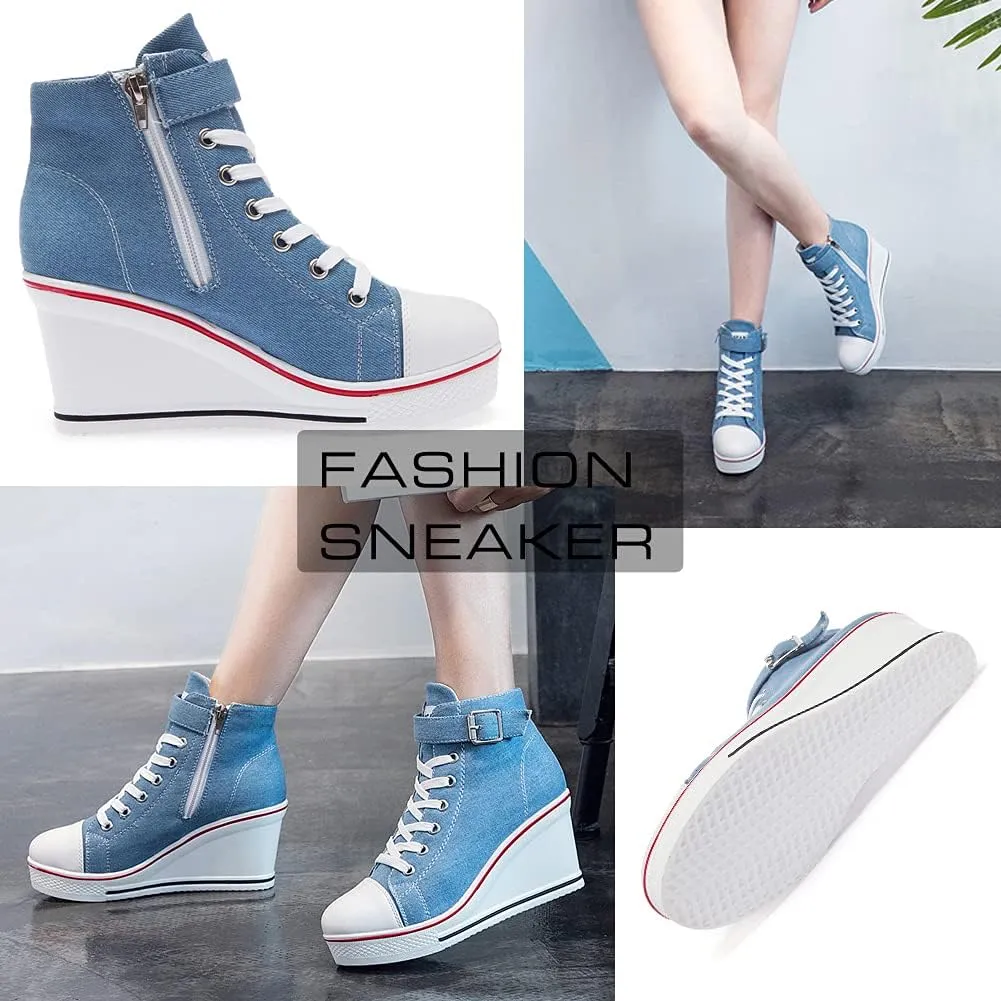 Mei MACLEOD Wedge Heel Sneaker for Women High Heel Sneaker Side Zipper/Lace Up Canvas Shoes for Ladies College Students