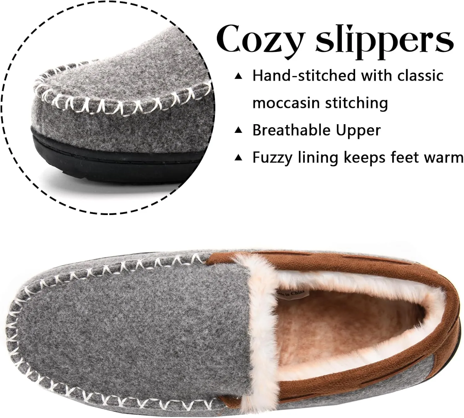 Men's Fuzzy Moccasin House Slippers Memory Foam, Cozy Mens Fluffy Warm Indoor Slippers Closed Back for Winter, Non-Slip Soft Comfy Bedroom Slippers for Men