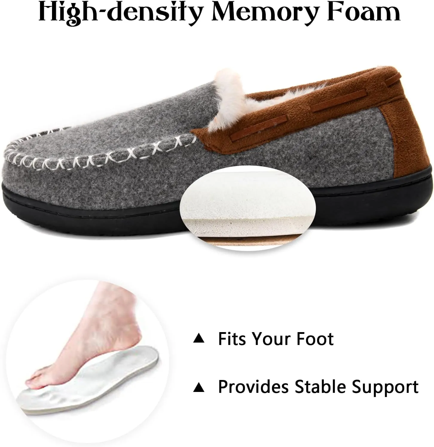 Men's Fuzzy Moccasin House Slippers Memory Foam, Cozy Mens Fluffy Warm Indoor Slippers Closed Back for Winter, Non-Slip Soft Comfy Bedroom Slippers for Men